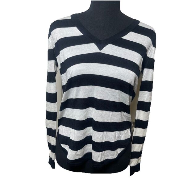 LRL Women’s Sweater PXS Black White Stripe V-Neck Lightweight Knit Petite - Picture 1 of 6